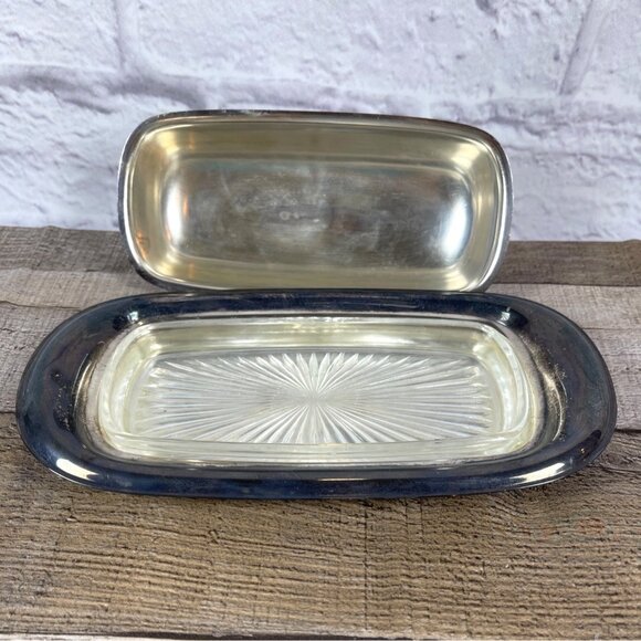 Wm Rogers Silver Plate MCM Covered Butter Dish Starburst Glass Insert Lid VTG - Picture 3 of 14